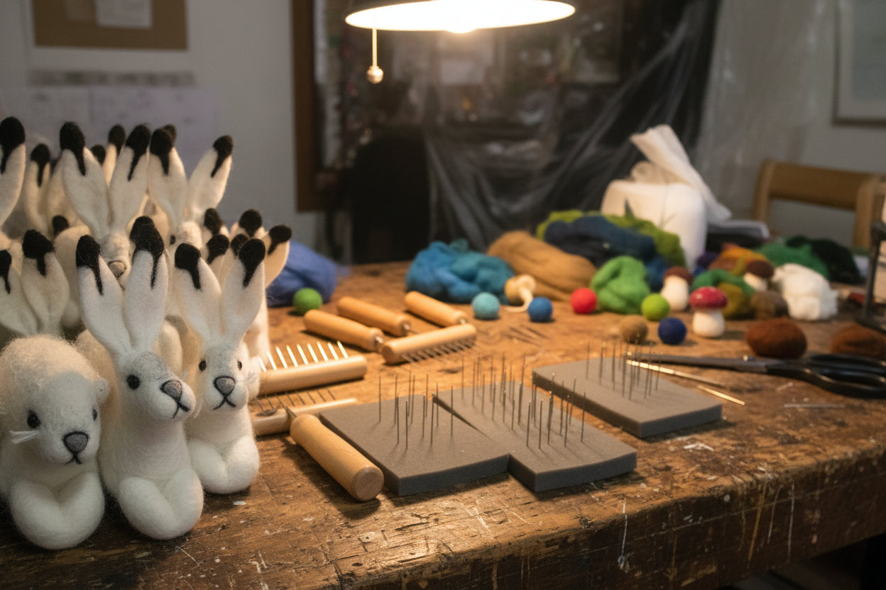 Collection of white plush rabbits with black accents arranged closely together.