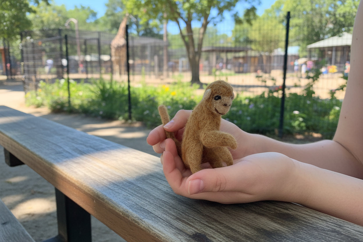 Small brown plush toy held in a hand at a zoo