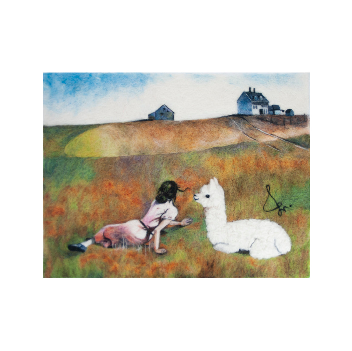 Illustration of a person and a white creature in a pastoral setting with houses and fields.