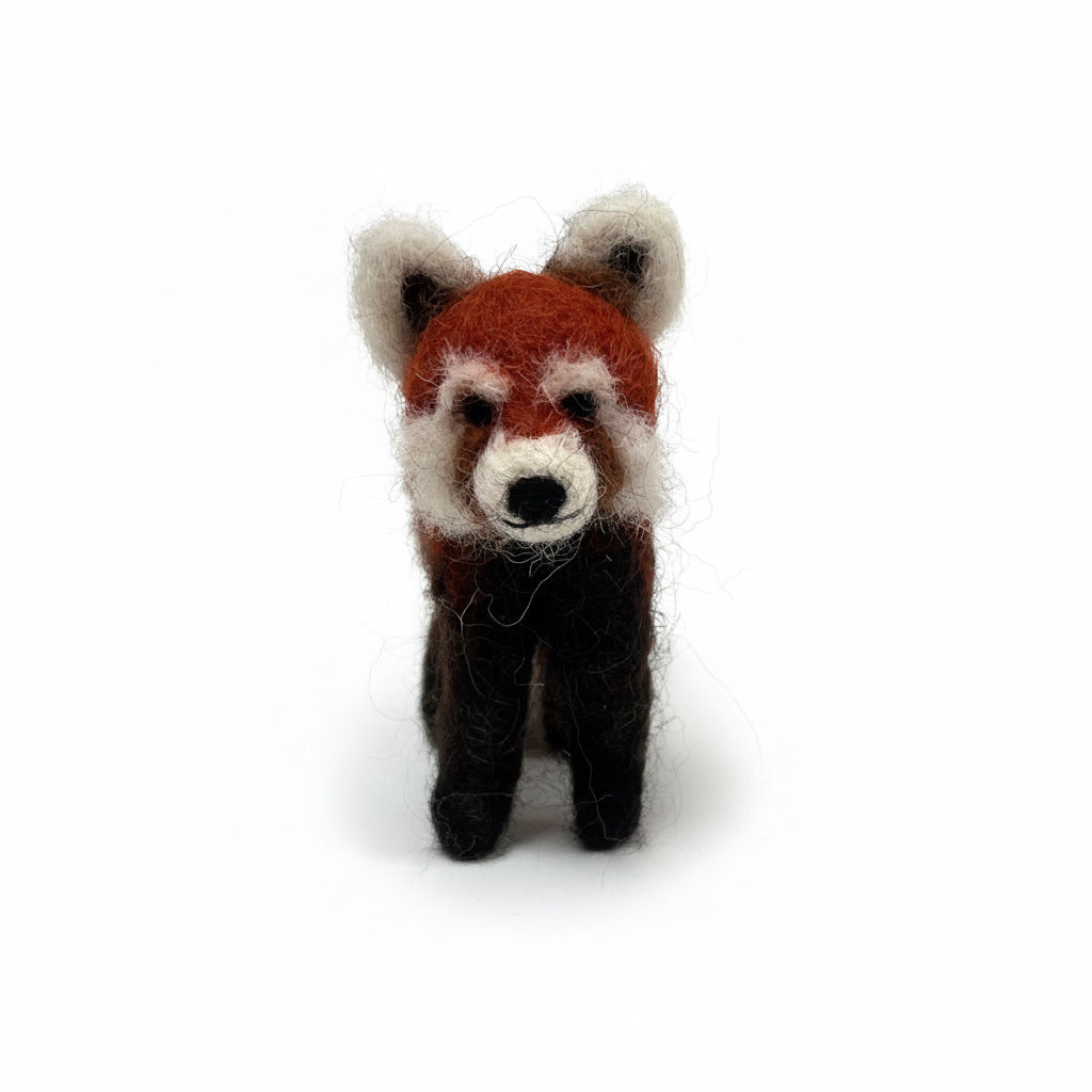 A handcrafted felted wool toy red panda standing upright against a plain white background.