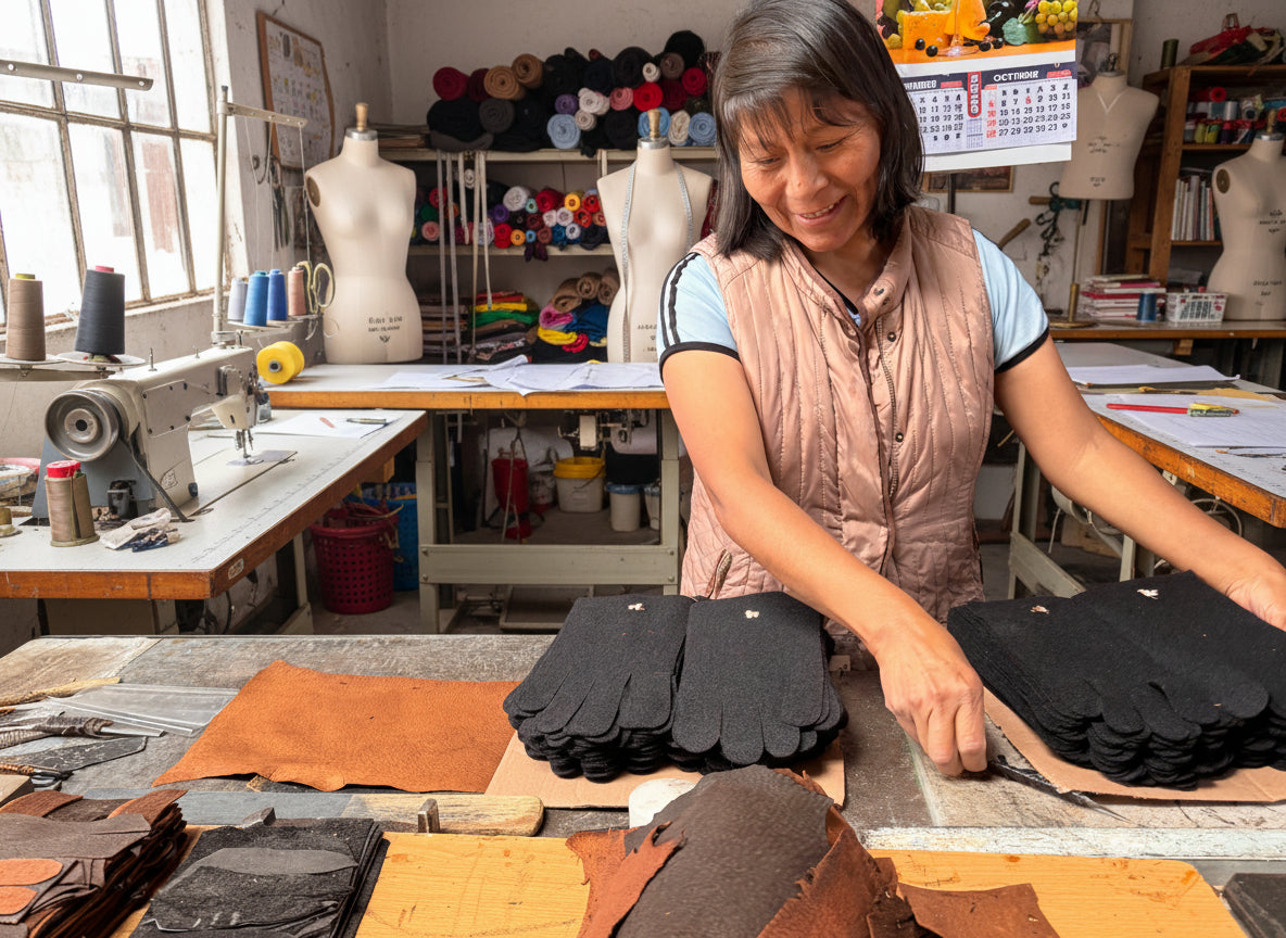 Woman working with leather in a workshop setting