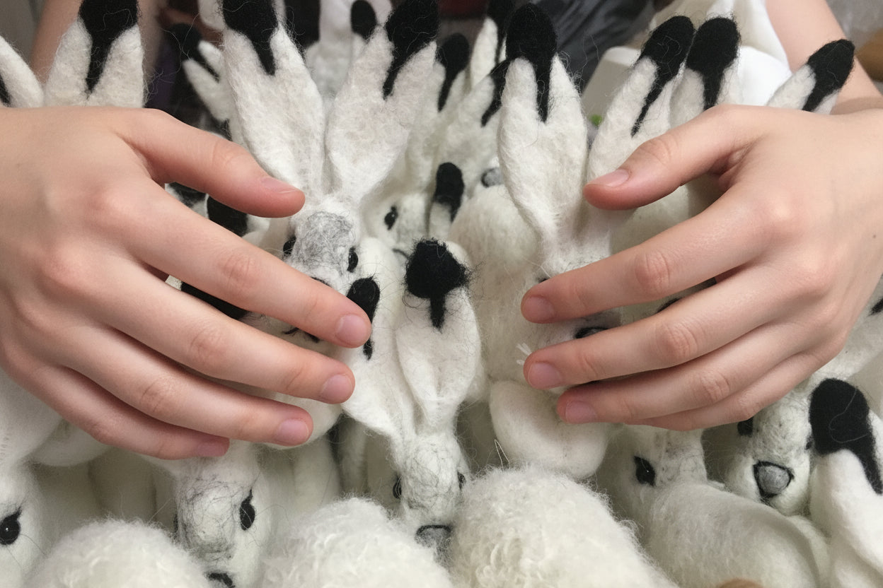 Collection of white plush toys with black accents arranged closely together.