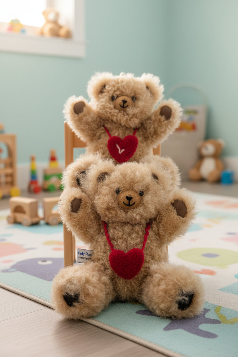 Plush alpaca fur bears with red heart necklaces by Lanart Alpaca