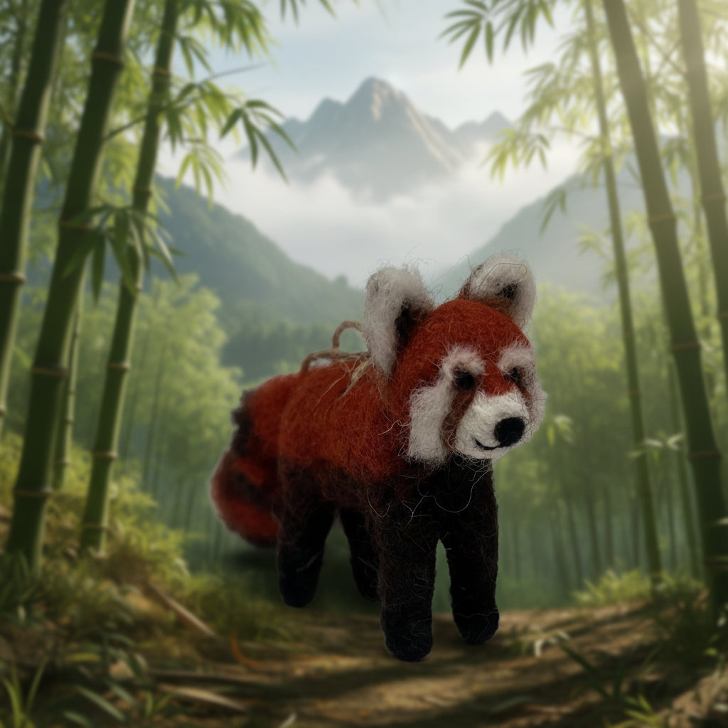 A small felted wool red panda figurine standing on a plain white studio background.
