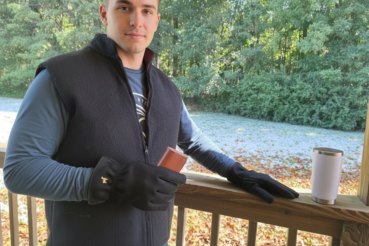 A man wearing a black fleece vest, black gloves, and sunglasses stands on a wooden deck outdoors. He is holding a small brown rectangular item, with a white insulated tumbler resting on the railing beside him.
