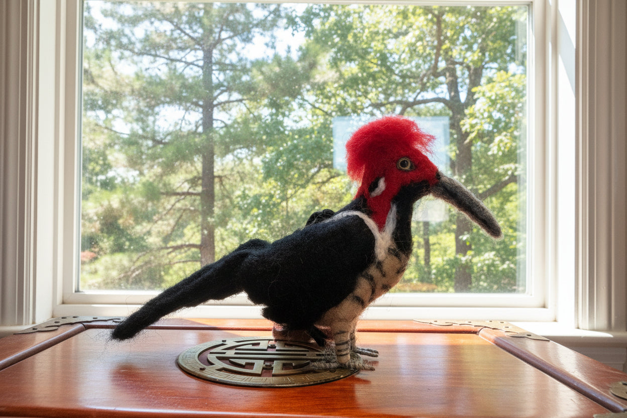 Stuffed model of a red-headed woodpecker on a wooden stand with a textured white wall background.