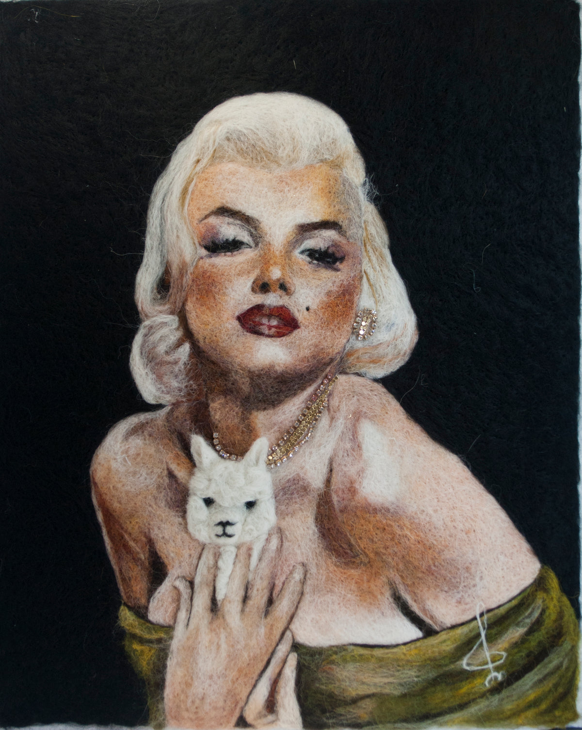 Artistic depiction of a monroe holding a white alpaca against a black background
