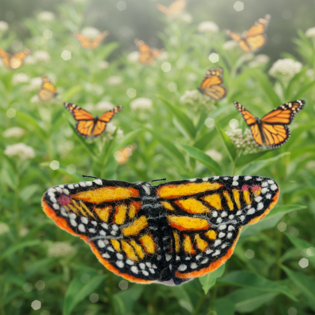 Felted butterfly with orange, black, and white pattern on a white background