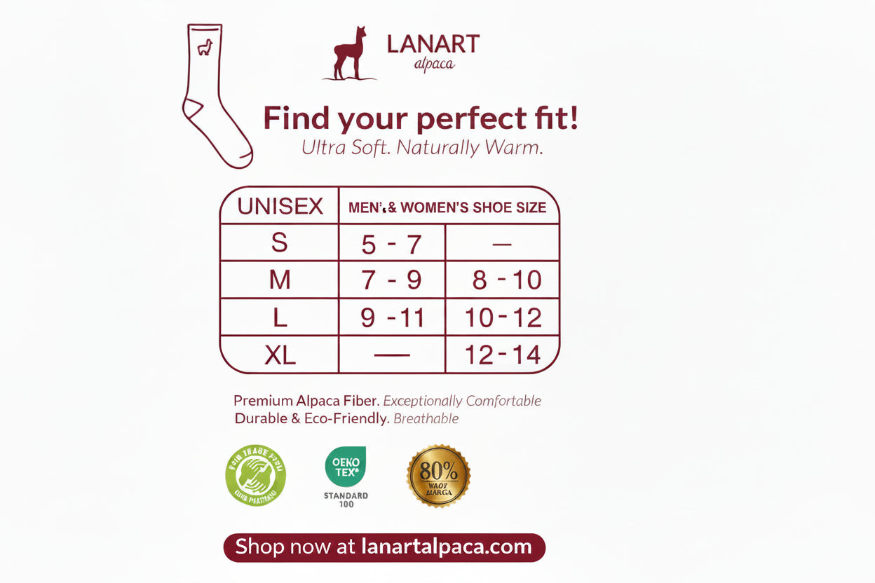 Lanart Alpaca shoe size chart with sizing guide and brand logo on a white background