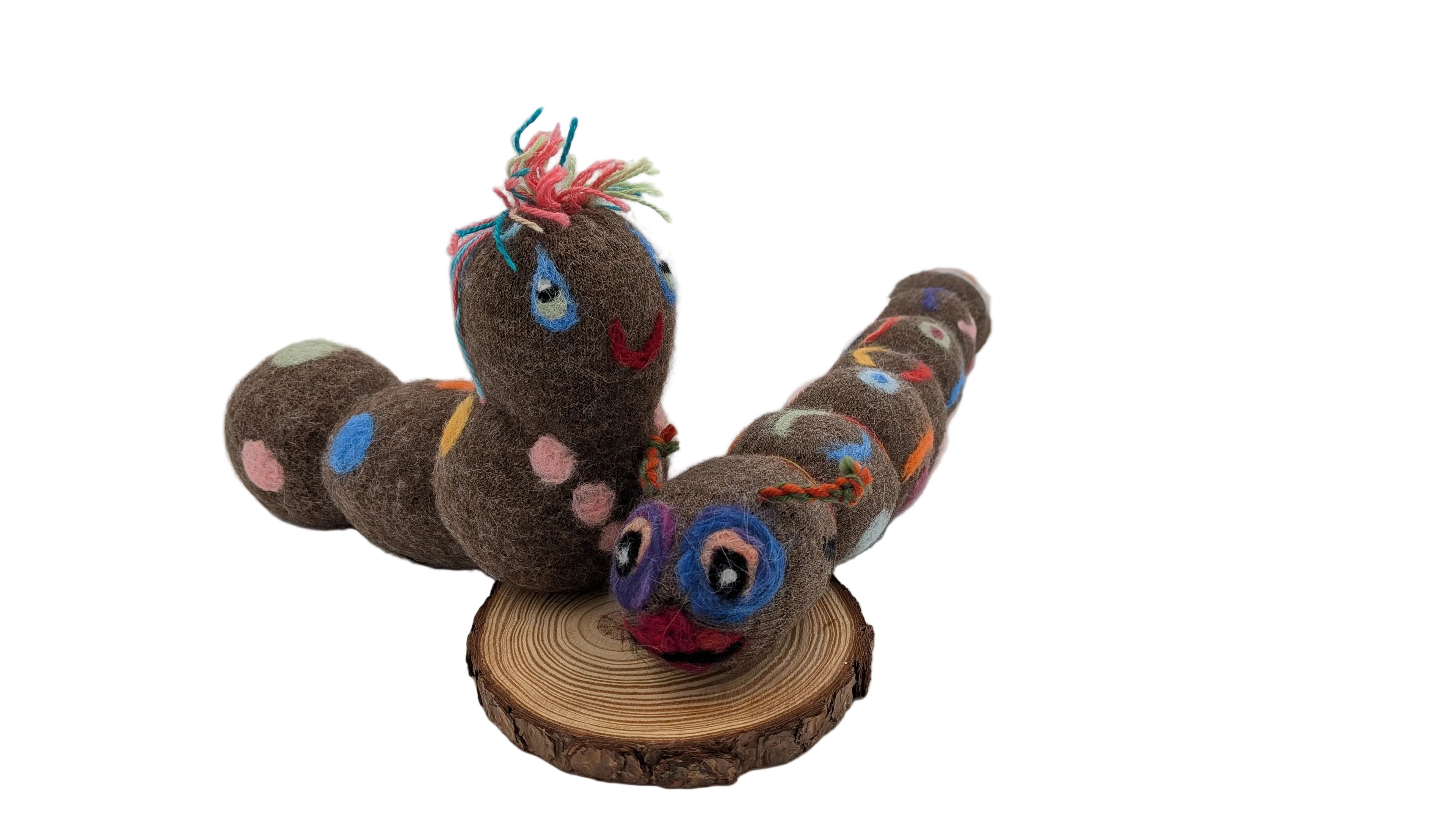 Two colorful caterpillar toys on a wooden log against a white background
