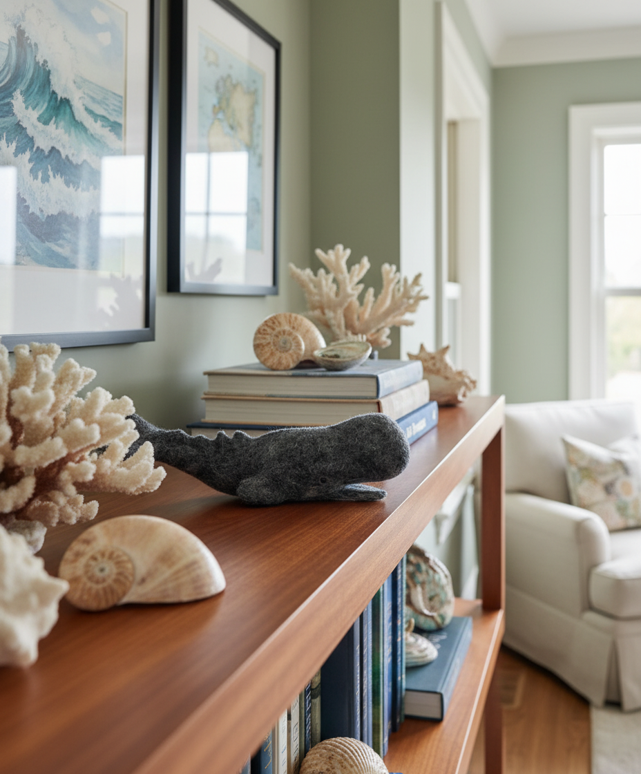 Living room with a wooden shelf displaying coral sculptures, books, and seashells against a green wall.