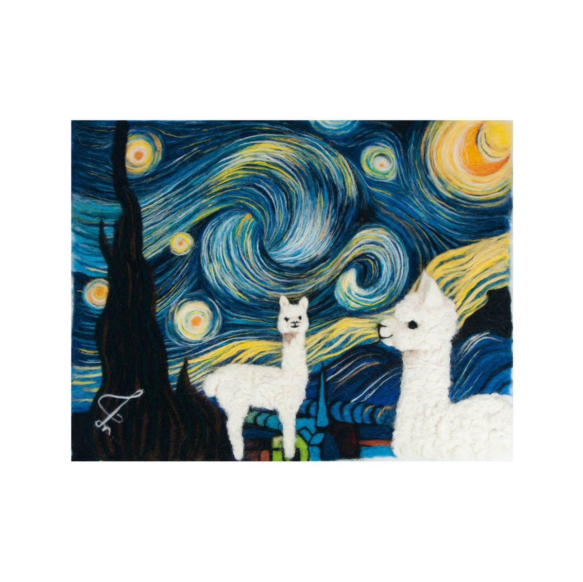 Two alpacas in front of a swirling starry night sky