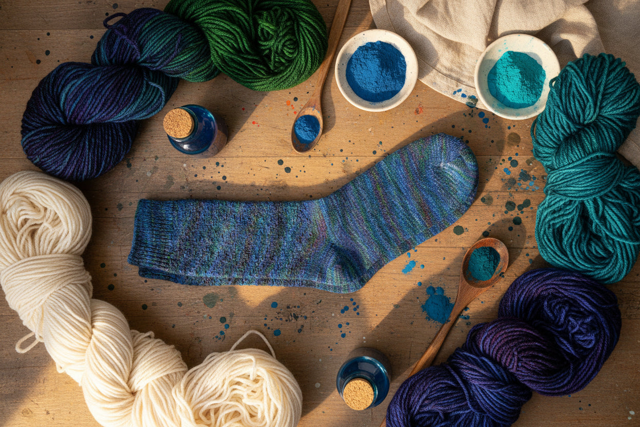 A single crew-length knit sock in a variegated blue and teal pattern, displayed flat against a plain white background.