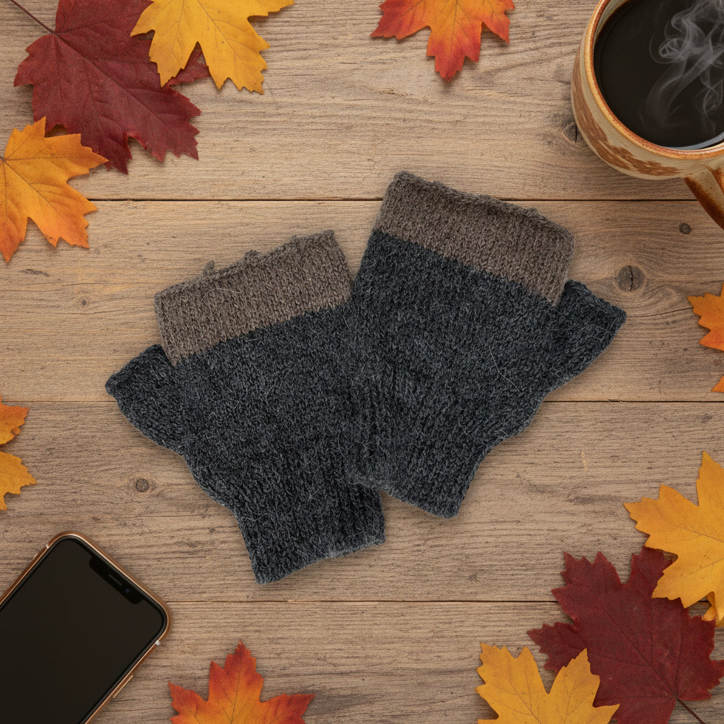 A pair of hand-knit fingerless gloves in dark gray and brown, displayed on a plain white background.