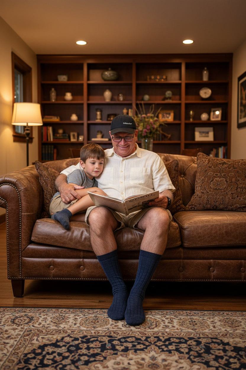 Man sitting on a chair wearing blue socks in an indoor setting with wooden floors and furniture.