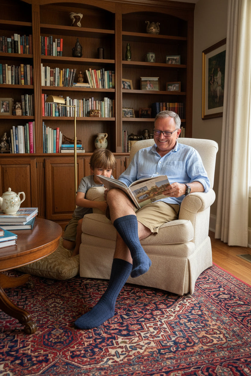 Man sitting on a chair wearing blue lanart true rib socks in an indoor setting with wooden floors and furniture.