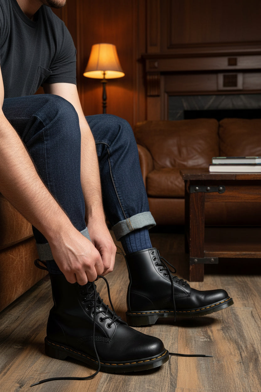 Person wearing blue socks on a wooden floor with storage boxes in the background