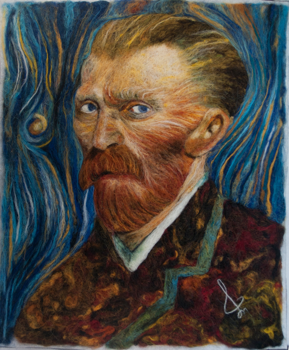 Artistic depiction of a man with a beard and blue eyes, surrounded by swirling colors.