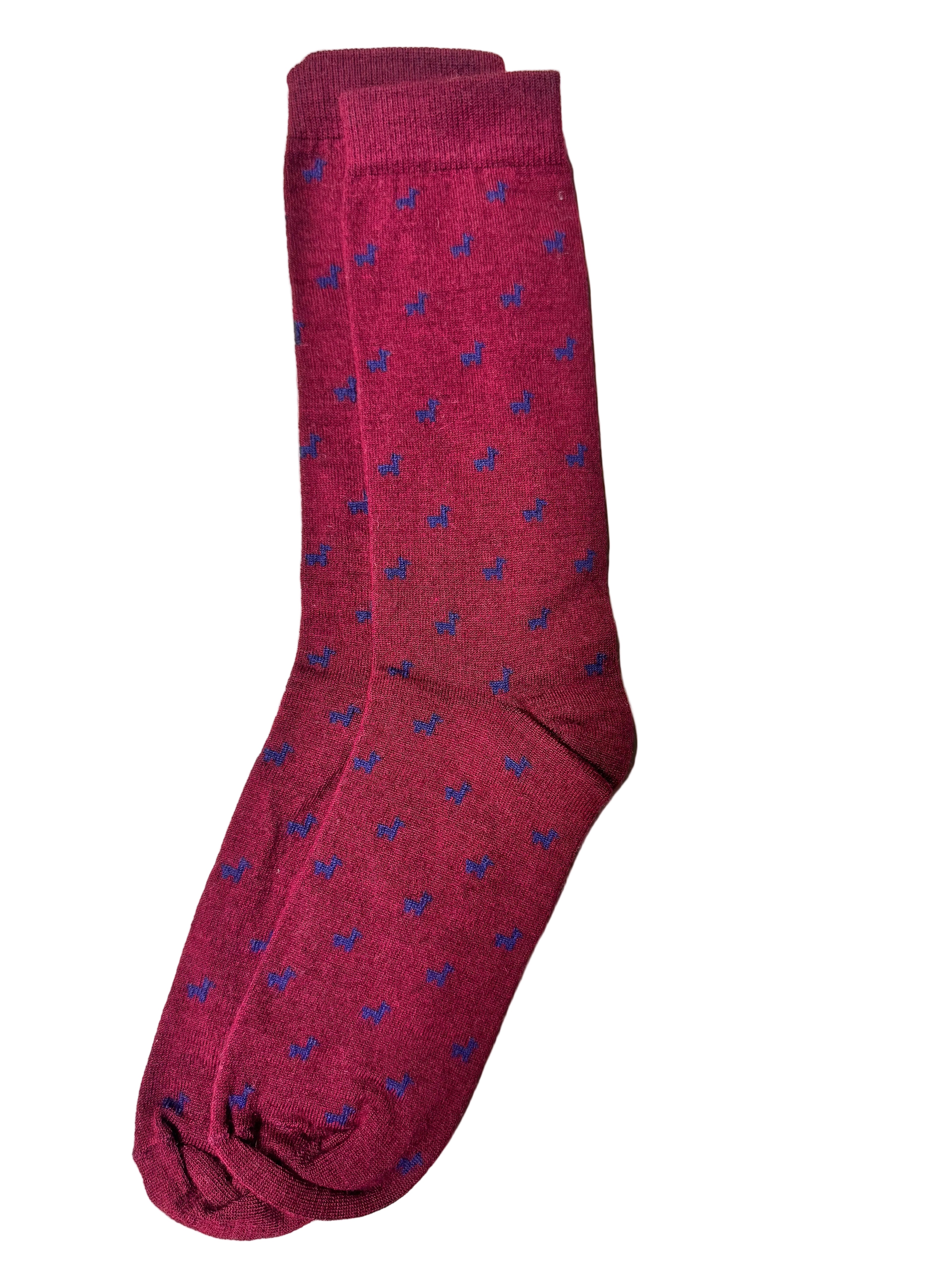 Maroon sock with blue patterns on a white background