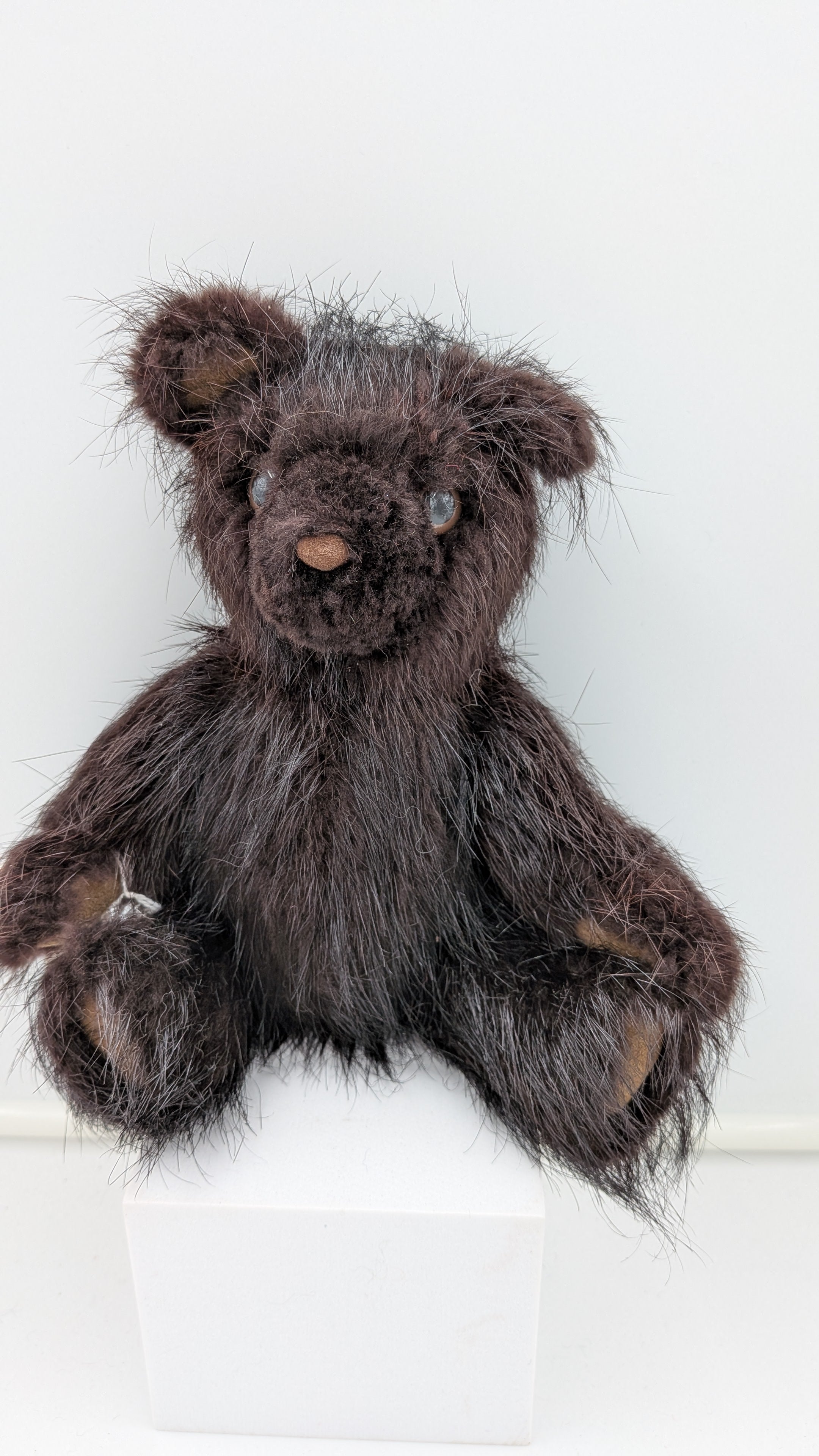 A dark brown shaggy teddy bear with small button eyes and a stitched nose, sitting on a white display block against a plain white background.