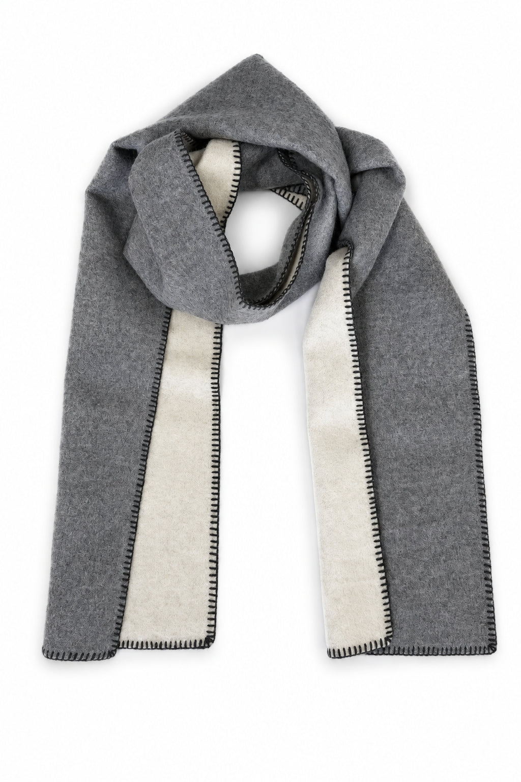 Gorgeous gray and pearl reversible baby alpaca scarf with hand-finished whip stitch and needle-felted alpaca. An in-house Lanart excluisve.