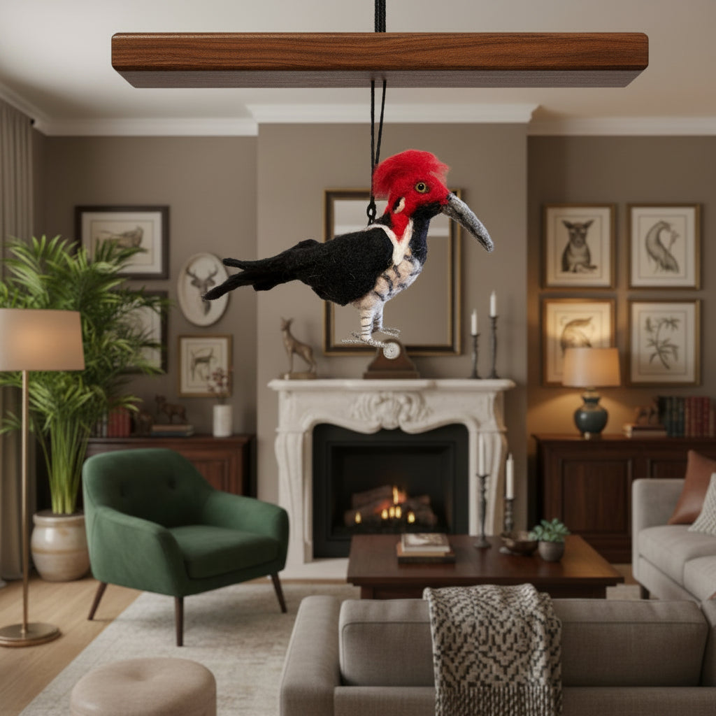 Felted woodpecker decor hanging from a shelf in a living room.