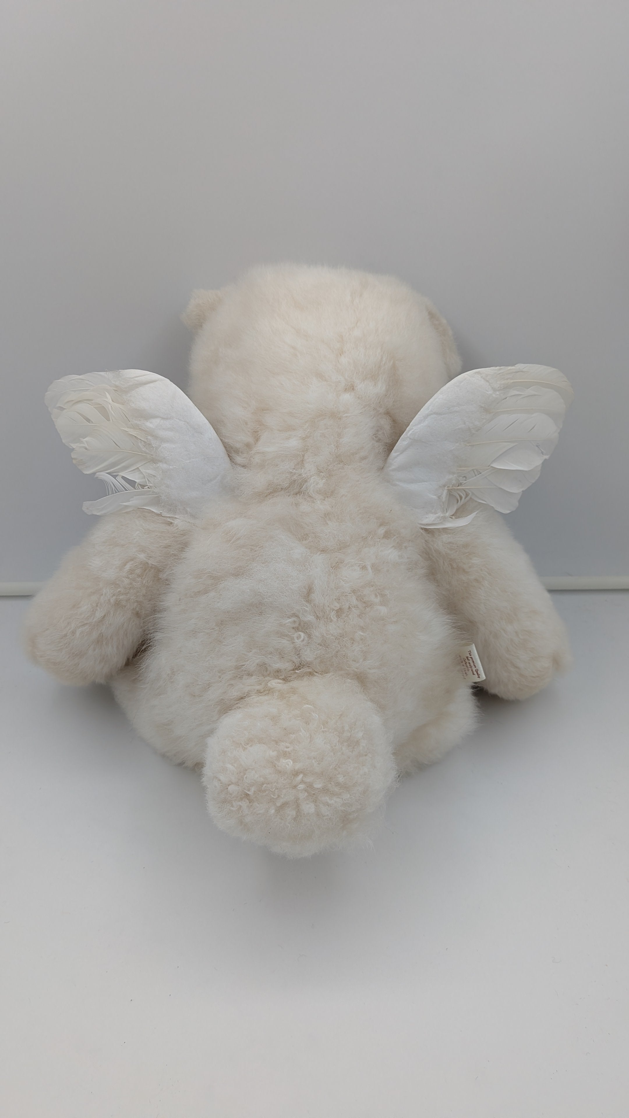A fluffy cream-colored teddy bear plush toy with white angel wings, photographed from behind against a plain light gray background.