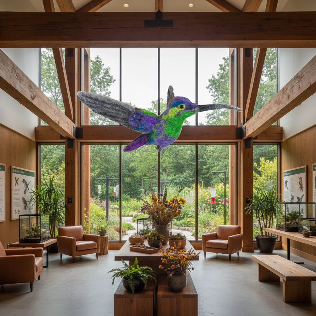 Modern interior with large windows, wooden furniture, and a colorful bird sculpture.