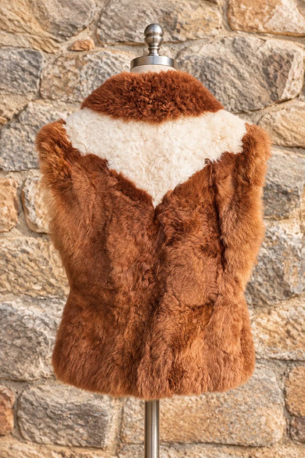 A brown and cream faux fur vest displayed on a metal hanger stand inside a workshop or storage room.