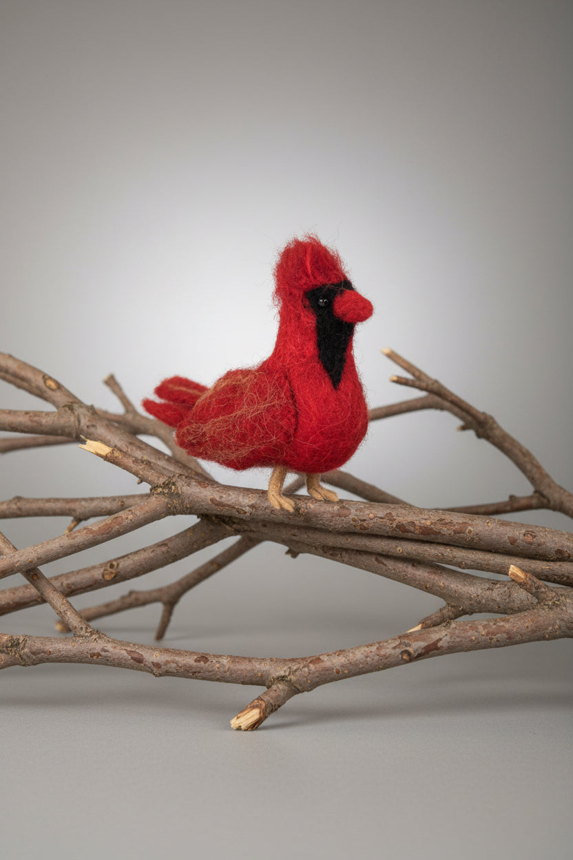 Red bird figurine with a black face on branches with a white background