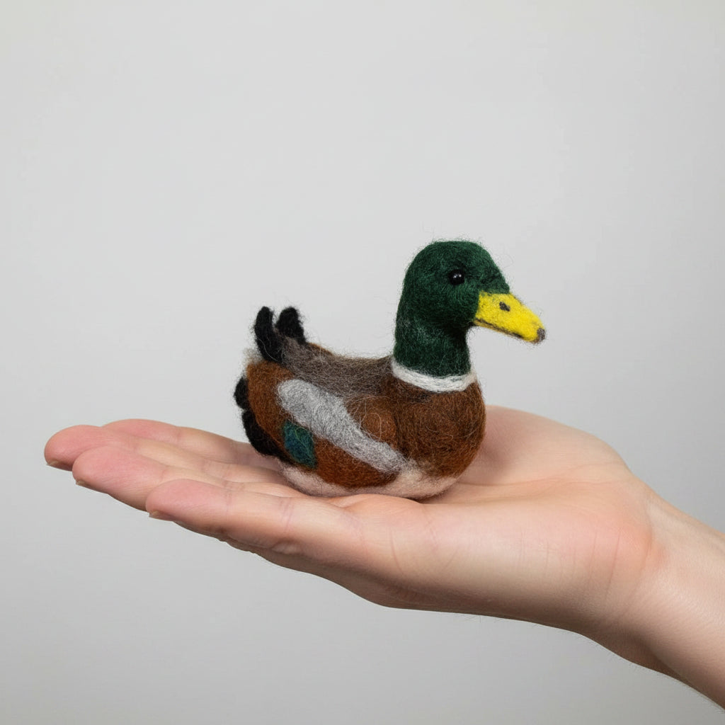 Felted duck ornament on a hand