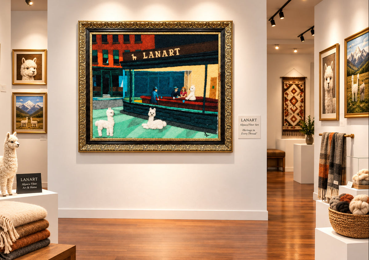 Framed artwork of a city street scene with people and dogs, featuring a prominent &