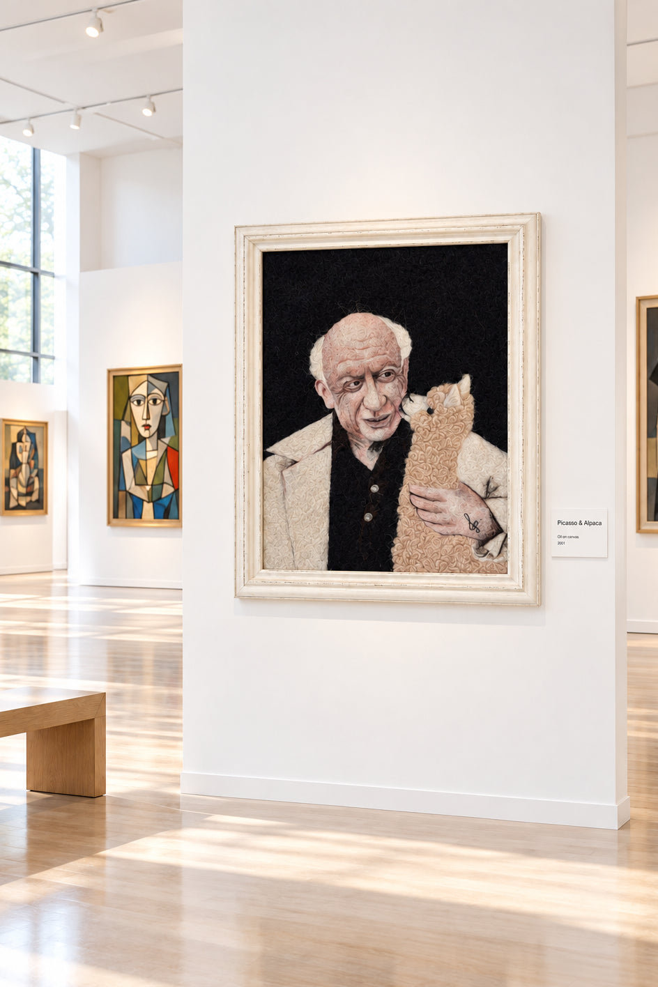 A framed portrait artwork leaning against a white wall on a wooden floor. The artwork shows a bald elderly man in a light coat holding a beige alpaca-like animal against a dark background.