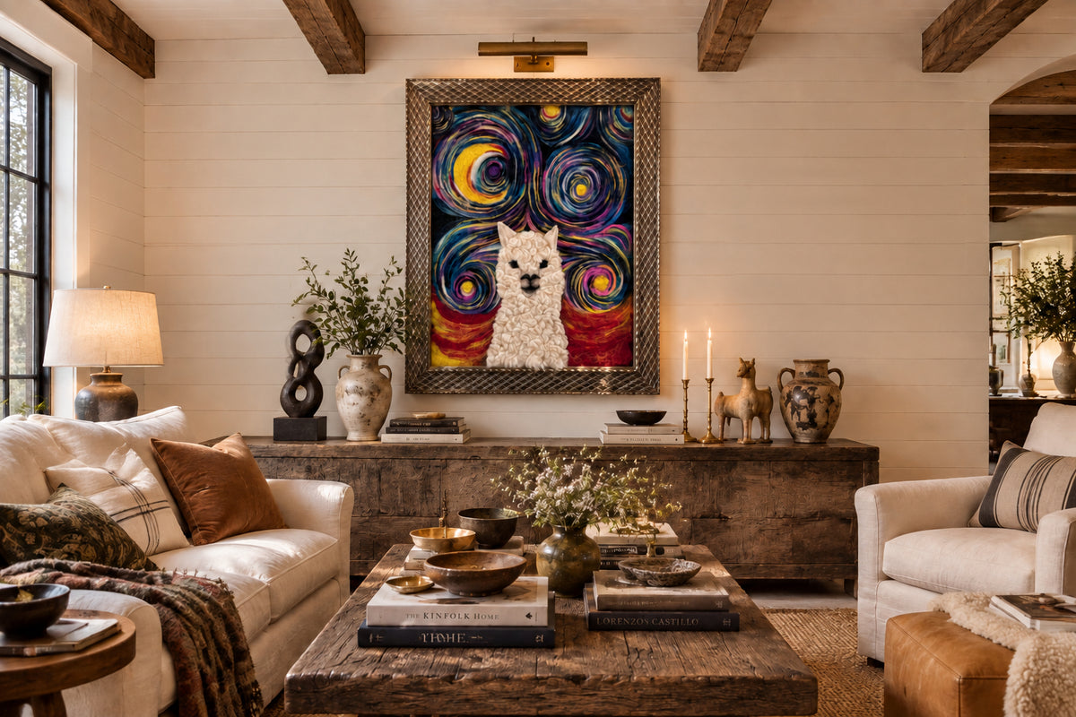A framed art piece featuring a white alpaca portrait in front of a swirling, star-like multicolor background, hanging on a plain white wall in a living room