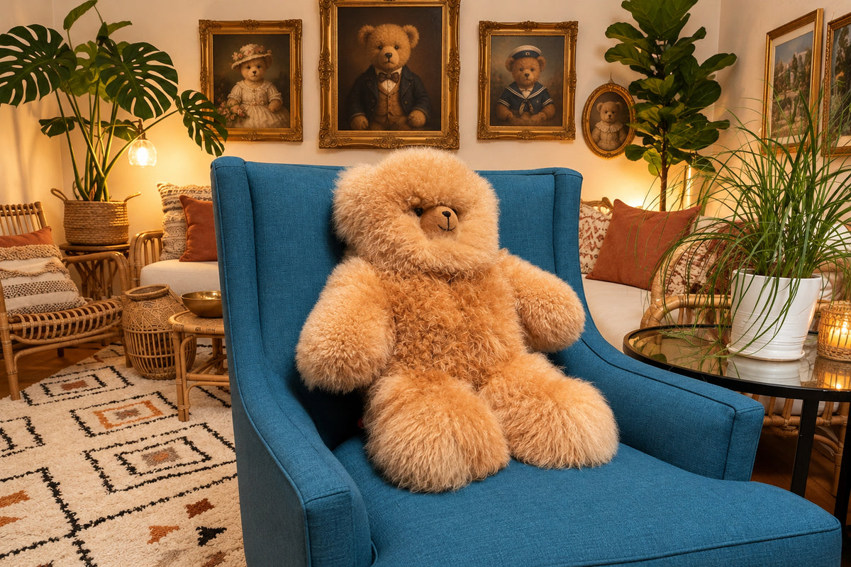 Large teddy bear sitting on a blue armchair in a cozy living room.