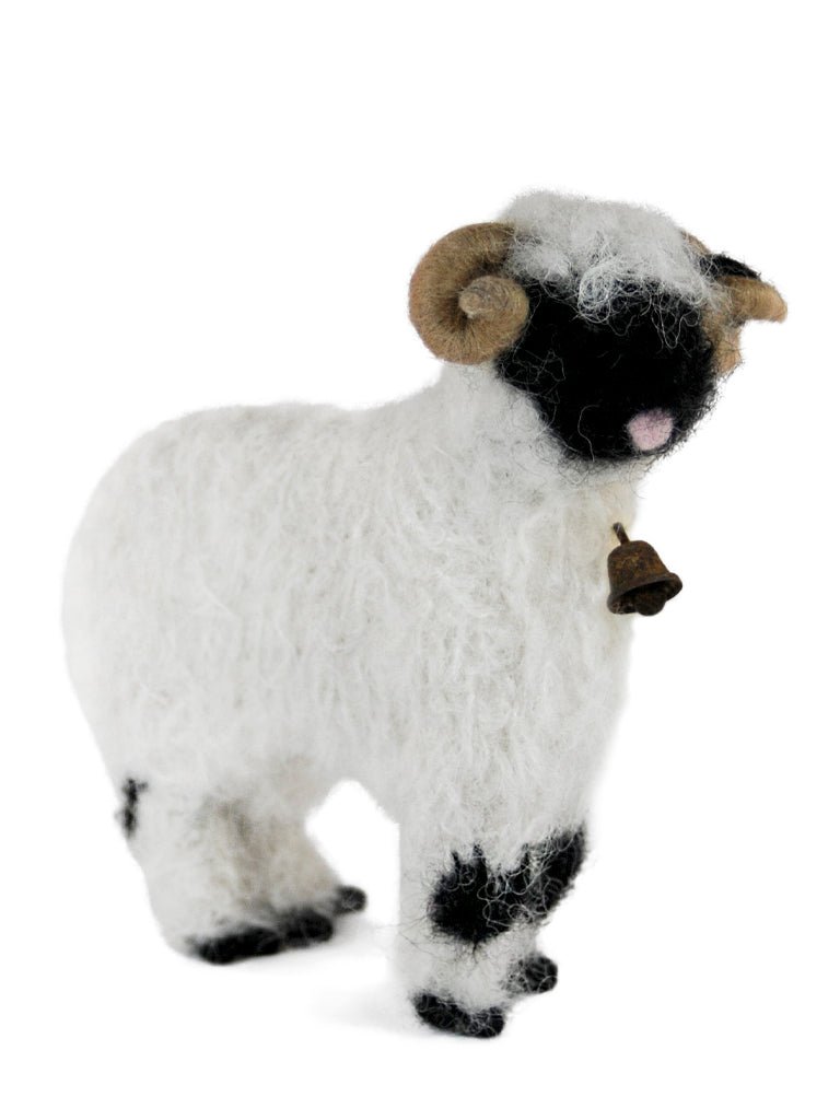 Handmade needle-felted alpaca Valais Blacknose sheep sculpture with a small rustic bell by Lanart.