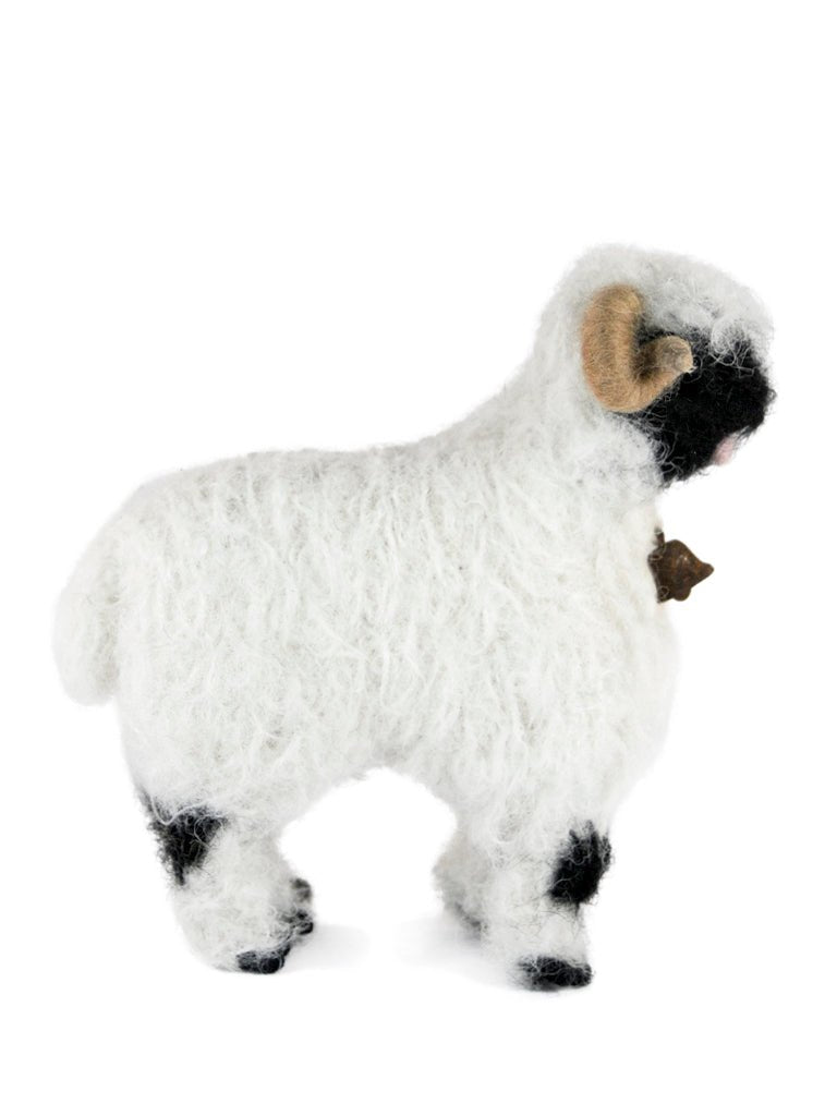 Handmade needle-felted alpaca Valais Blacknose sheep sculpture with a small rustic bell by Lanart.