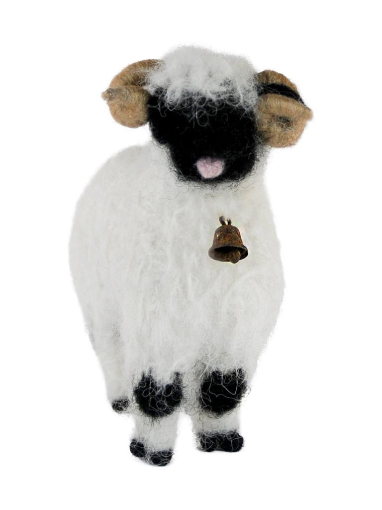 Handmade needle-felted alpaca Valais Blacknose sheep sculpture with a small rustic bell by Lanart.