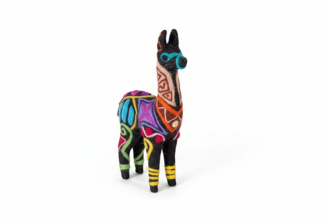 Colorful knit llama toy on a white shelf