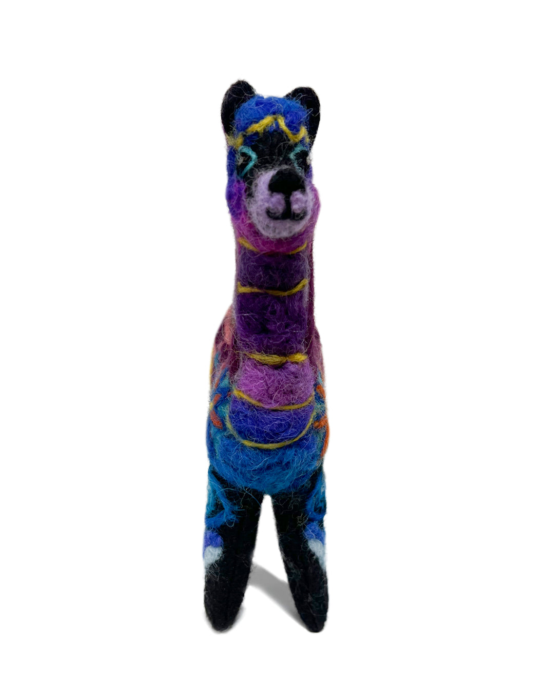 A handcrafted felt llama figurine in vibrant shades of blue, purple, pink, yellow, and black, standing upright against a solid white background.