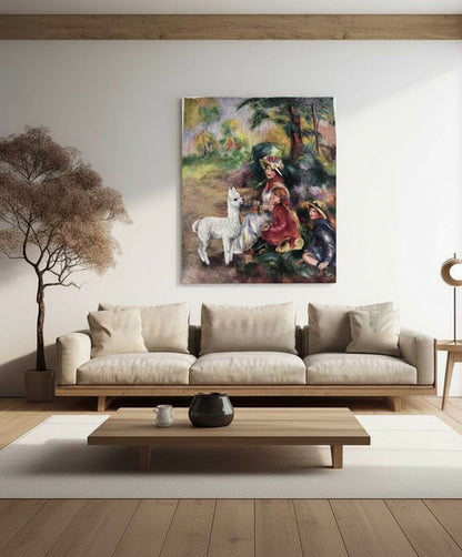 Apple seller with alpacas in a modern living room with a beige sofa, wooden coffee table, and a painting of a woman with a child and a white alpaca on the wall.