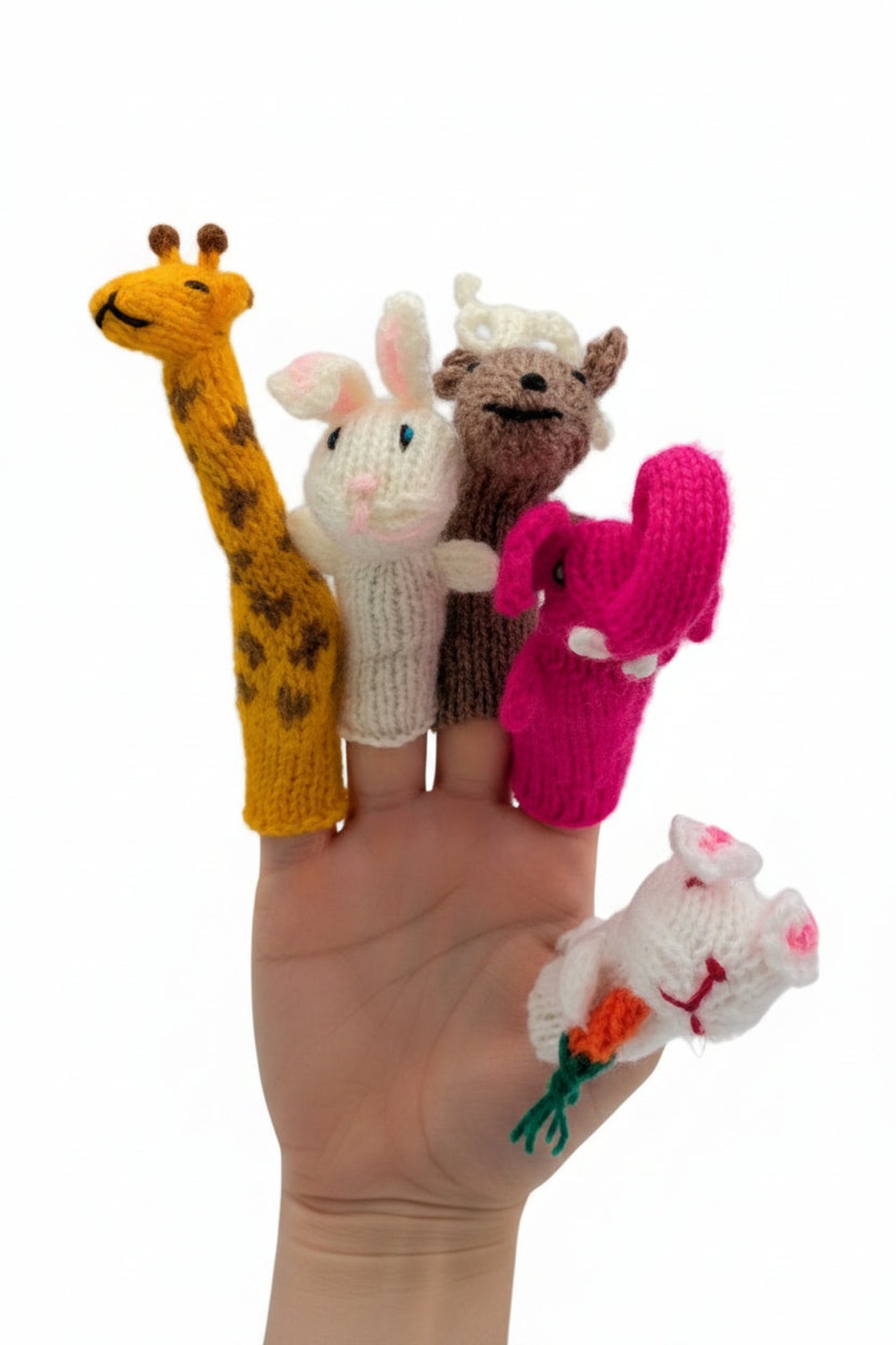 Hand knit alpaca yarn animal finger puppets