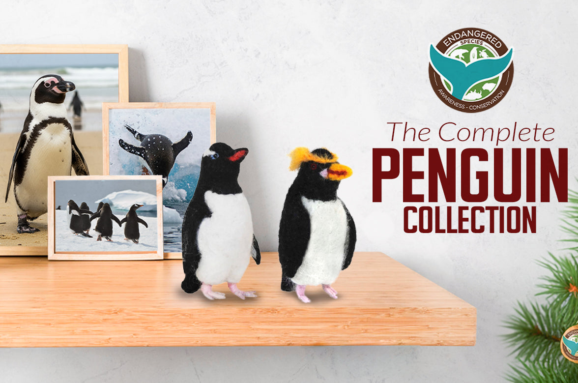 Collection of penguin-themed items including figurines and decorations on a shelf with a Christmas tree.
