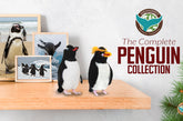 Collection of penguin-themed items including figurines and decorations on a shelf with a Christmas tree.
