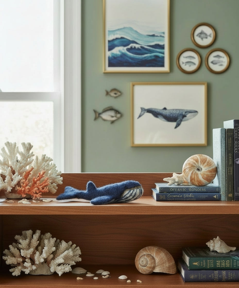 Nautical-themed shelf with books, seashells, and framed artwork on a green wall.