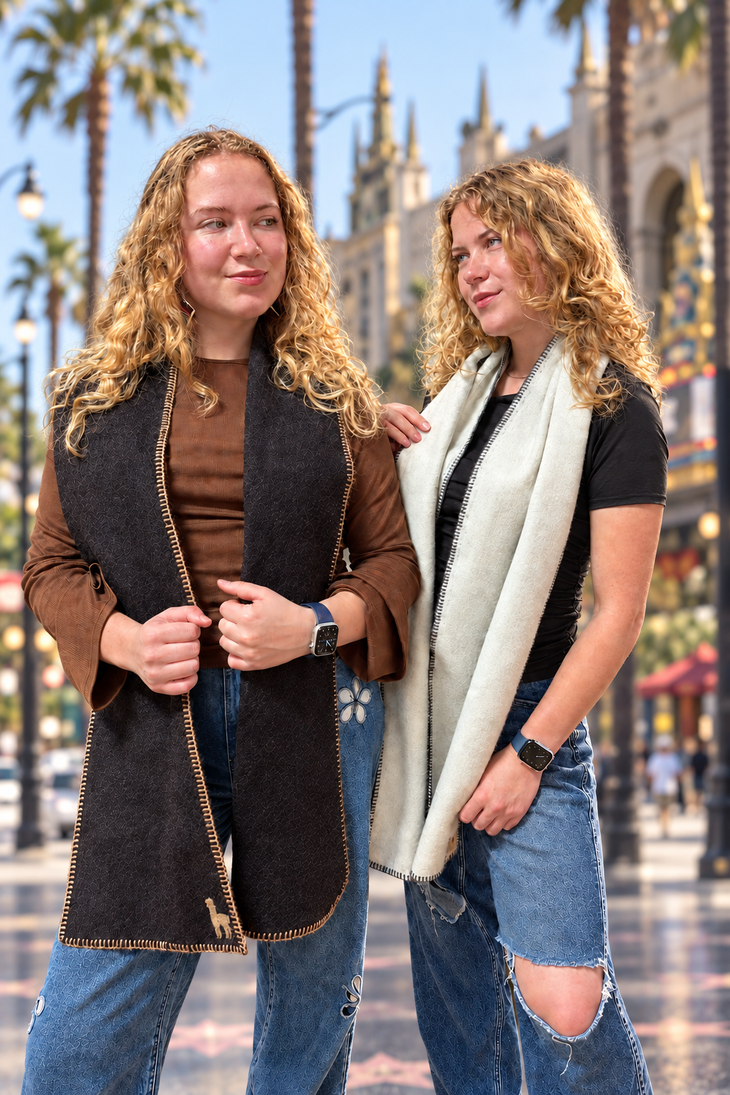Two women standing outdoors on a palm-tree-lined street, each wearing a lanart scarves. The woman on the left has long curly blonde hair and wears a brown top with blue jeans.