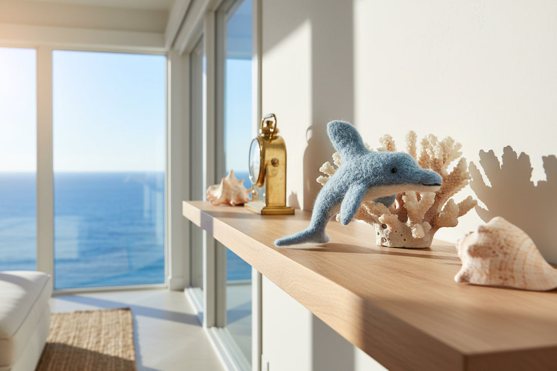 Felted dolphin on a shelf