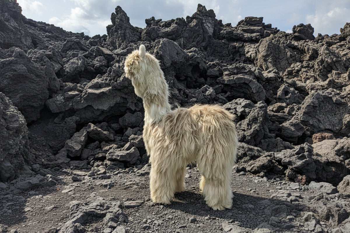 Alpaca standing on a rocky, volcanic landscape