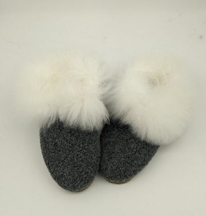 Boucle Fur Trimmed Slippers-Charcoal
