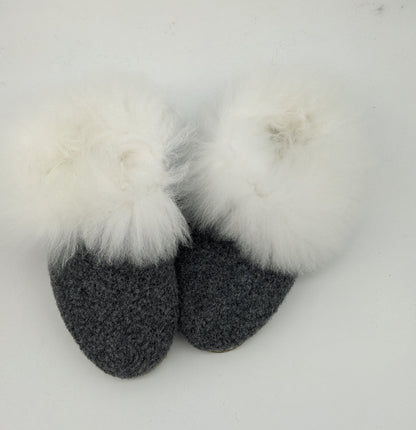 Boucle Fur Trimmed Slippers-Charcoal